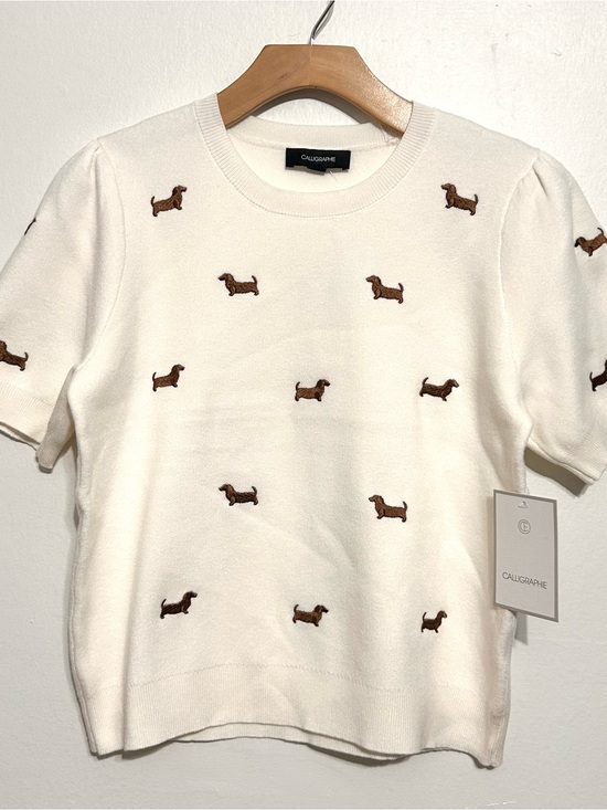 Anthropologie Sweaters - Anthropologie Cream Beige Dog Dachshund Sweater Puff Sleeve preppy old money NWT